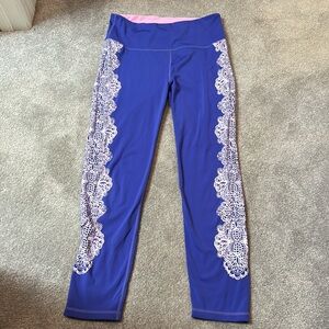 Blue Leggings with White Lace Detail